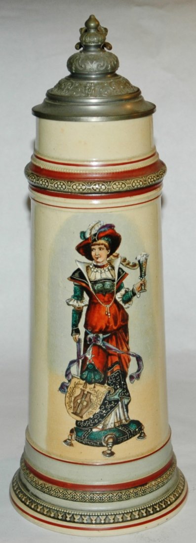 Pottery Hanke #1183 POG 2L woman stein: Pottery Hanke #1183 POG 2L of a fancy dressed woman. Fancy pewter relief lid. Mint