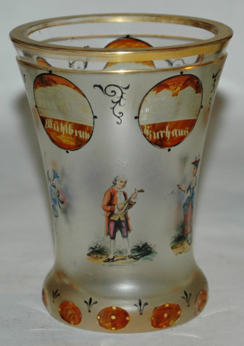 Blown Bohemian Glass 4 3/4" spa Beaker.: Blown Glass beaker with wheel-cut spa views and transparent enamel man and woman. Mint