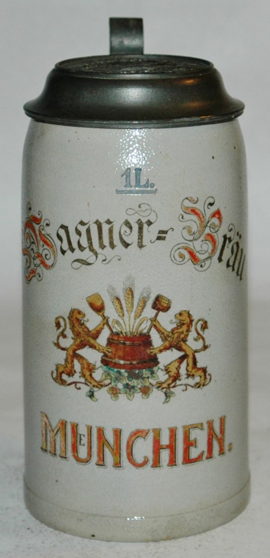 Stoneware 1L brewery stein Wagner Brau Munich: Stoneware POG Brewery 1L stein. Wagner Brau, Munchen. Matching logo lid. Mint