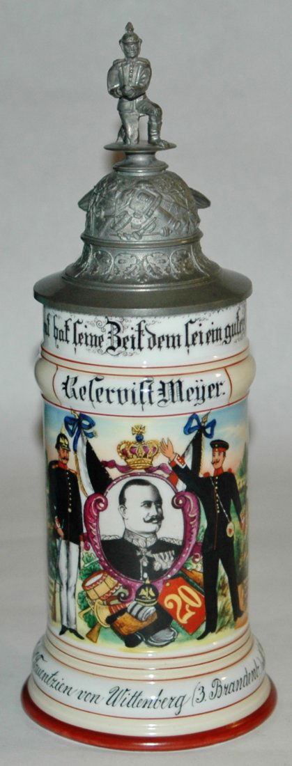 Regimental Infantry stein 20 Unit in Wittenberg: Regimental Stein 1/2L Porcelain. “2 Comp. Inft. Regt. Graf. Tauentzien von Wittenberg 3 Brandenb. Nr. 20 Wittenberg 1904-1906.” Two side scenes. Rear roster. Bolt handle hinge. Tip of rifle missin