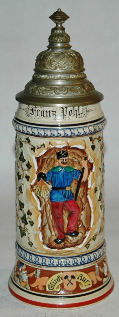 Pottery D & B miner occupational with dwarfs: Pottery Dumler & Breiden #761 Relief 1/2L. Miner occupational, Franz Pohl. Miner holds lantern. Miner dwarfs on sides. Minor tang tear. Body mint.