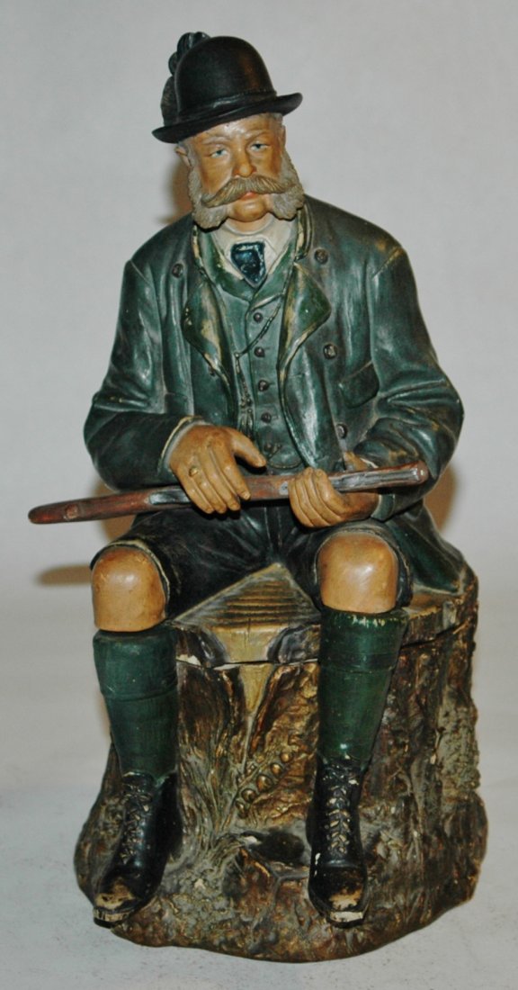 Bernard Block Terracotta Hunter Tobacco Jar: Terracotta Tobacco Jar by Austrian Bernard Block #370. Hunter with rifle sits on stump. Normal wear