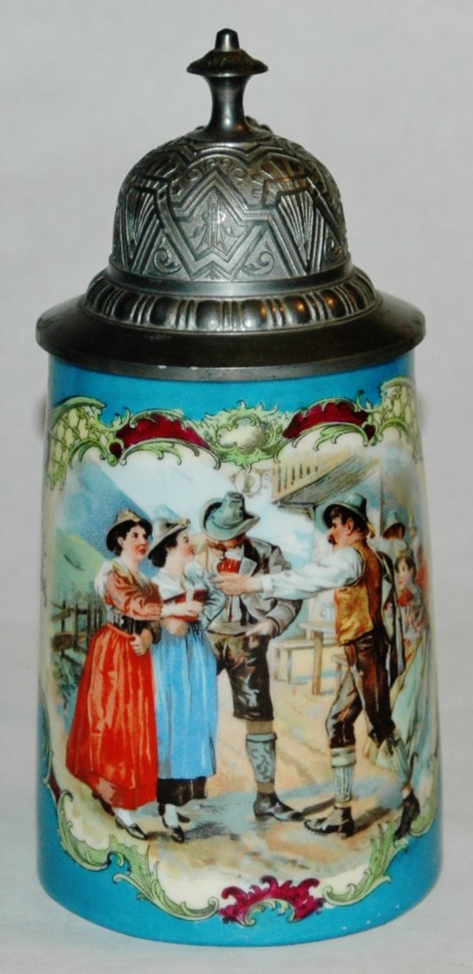 Porcelain Victoria Carlsbad Austria 1/2L hunters stein: Porcelain POG 1/2L. Alpine hunter men and women. Mint.