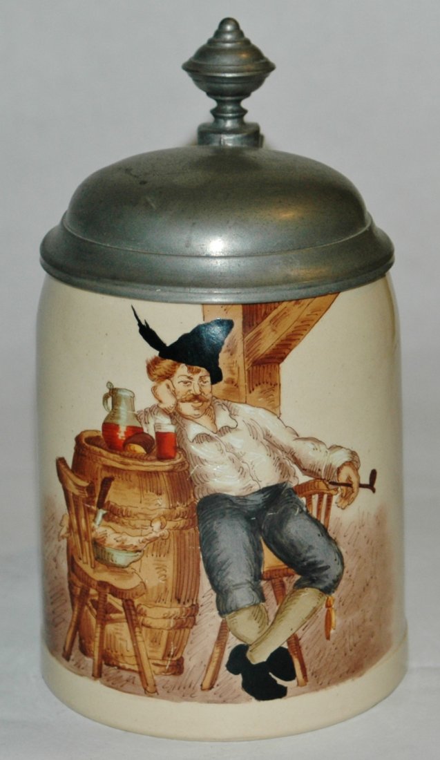 Pottery HR stein hand painted man at barrel: Pottery HR #139A Hand Painted 1/2L. Man with pipe drinking in tavern. Mint.