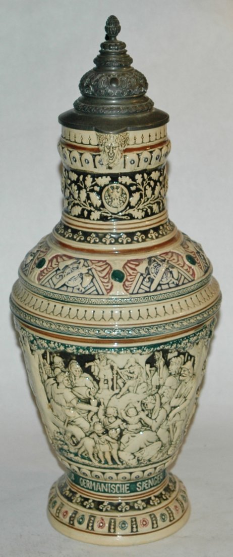 Pottery Relief Herman the German 4L stein: Pottery Dumler & Breiden #117 Relief 4L. Hermann the German and battle scenes. Mint.
