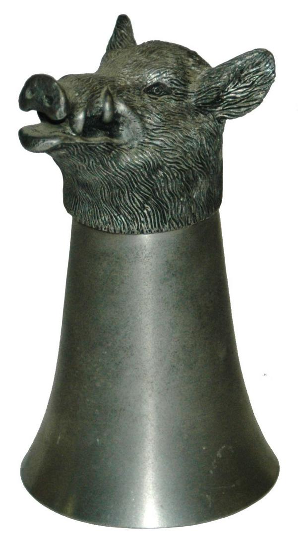 Boar Head Figural Pewter Stirrup Beaker: Pewter Figural 5” Stirrup Beaker. Boars head. Mint.