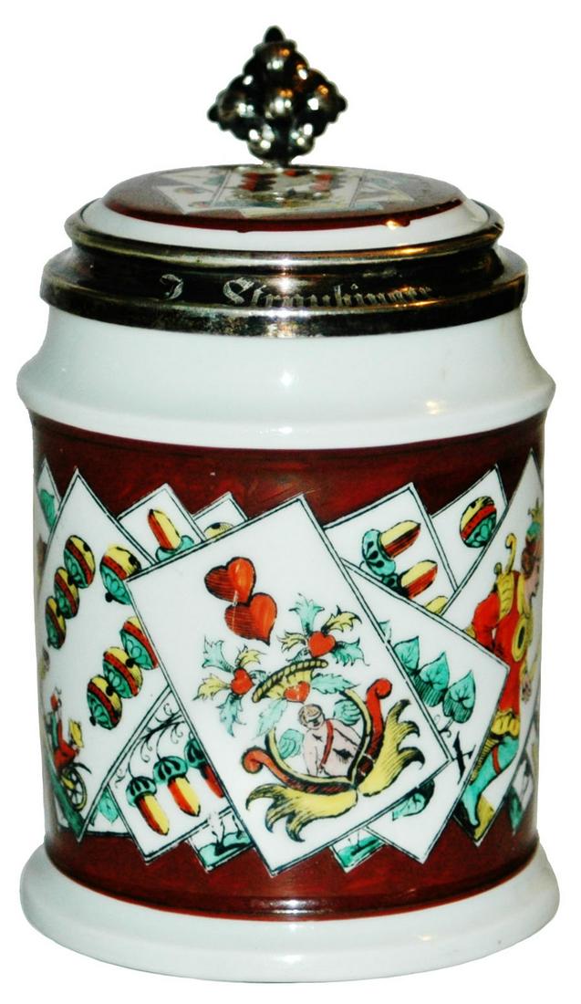Amberg Signed Playing Cards Stein w Silver Mounts: Porcelain POG 1/2L. Signed Amberg. Suites of playing cards. Matching inlay lid in silver mounts. Mint.