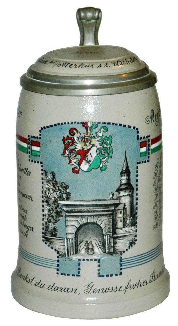 Fraternal Stoneware Stein w Roster & Inlay Lid: Stoneware #2019 POG 1/2L. Student fraternal stein with roster. Name on inlay lid. Mint.