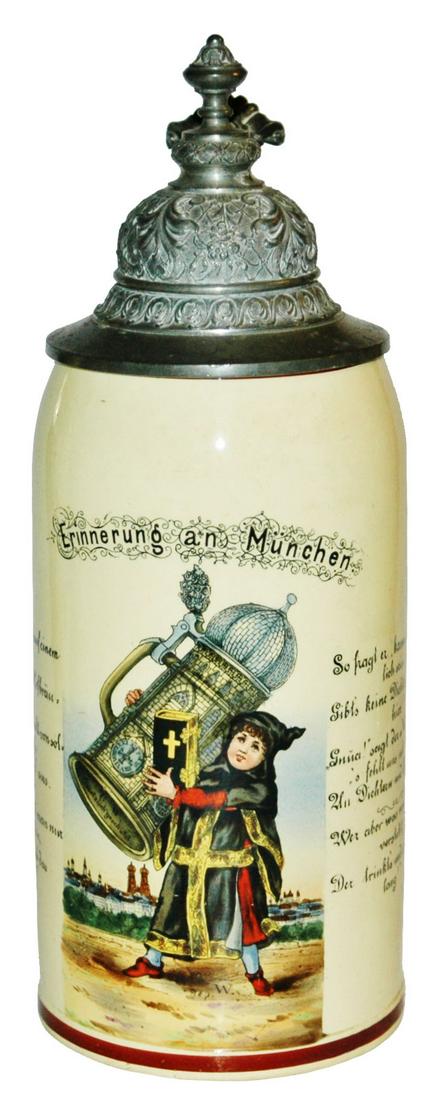 1L Munich Child holding a Huge Frauenkirche Stein: Pottery POG 1L. Detailed scene of Munich Child holding large Frauenkirche stein. Poems on sides. Mint.
