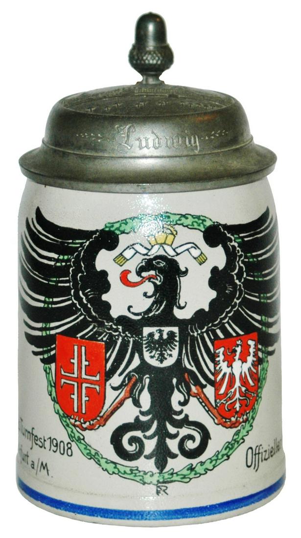 Frankfurt Turnfest 1908 Stein w Relief Pewter Lid: Stoneware POG 1/2L. “XI Deutsches Turnfest Frankfurt a/M 1908.” Relief pewter lid of Frankfurt city scene. Mint.
