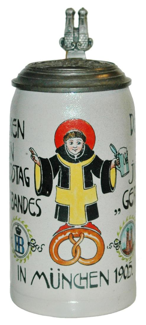 1L Munich Child Germania Lid 1L Stein Bakers 1905: Stoneware POG 1L. Bakers convention in Munich 1905. Munich Child. Relief Germania lid.