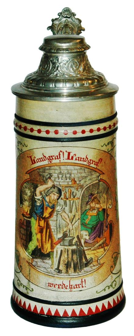 August Saeltzer Blacksmith Occupational 1L Stein: Stoneware August Saeltzer Hand Painted 1L. Blacksmith occupational scene.
