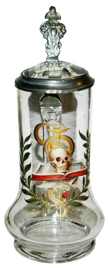 Enamel Skull Snake & Book Glass Stein w Prism Lid: Blown Glass 1/2L. Enameled skull, book and snake. Prism lid.