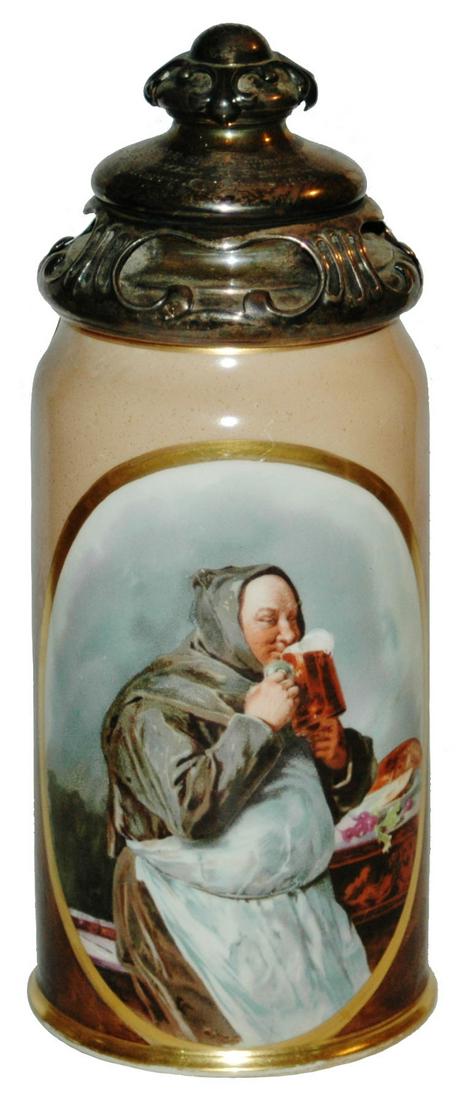 1L Uncommon Monk Lenox Stein w Engraved Silver Lid: Lenox Porcelain POG 1L. Monk drinks from beer stein. Uncommon full color decoration. Engraved sterling silver lid dated 1904. Mint.