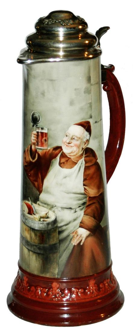 Uncomon Lennox 3L Drinking Monk Stein w Silver Lid: Lenox Porcelain Hand Painted 3L. Monk sits eating at barrel while drinking from glass stein. Sterling silver lid. Uncommon full color decoration.