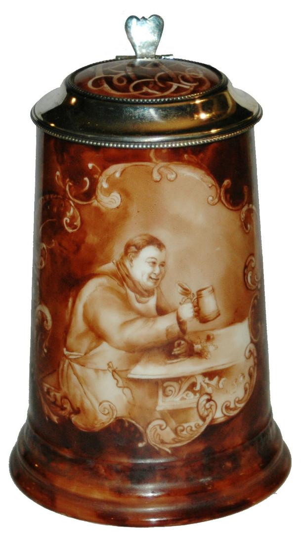 Unusual Lenox Drinking Monk Stein w Silver Lid: Lenox Porcelain POG 1/2L. Monk drinking at table. Silver lid with matching porcelain inlay. Unusual. Mint.