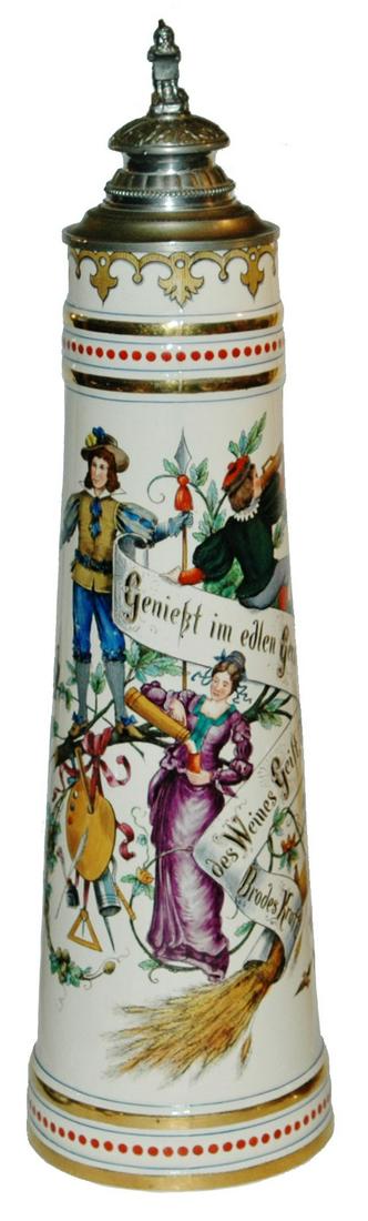 Landsknecht , Maid Floral & Dwarf 20" Stein: Pottery POG 20” Stein. Landsknecht, barmaid, floral and verse. Dwarf finial and lion thumblift. Fancy relief pewter lid.. Mint.
