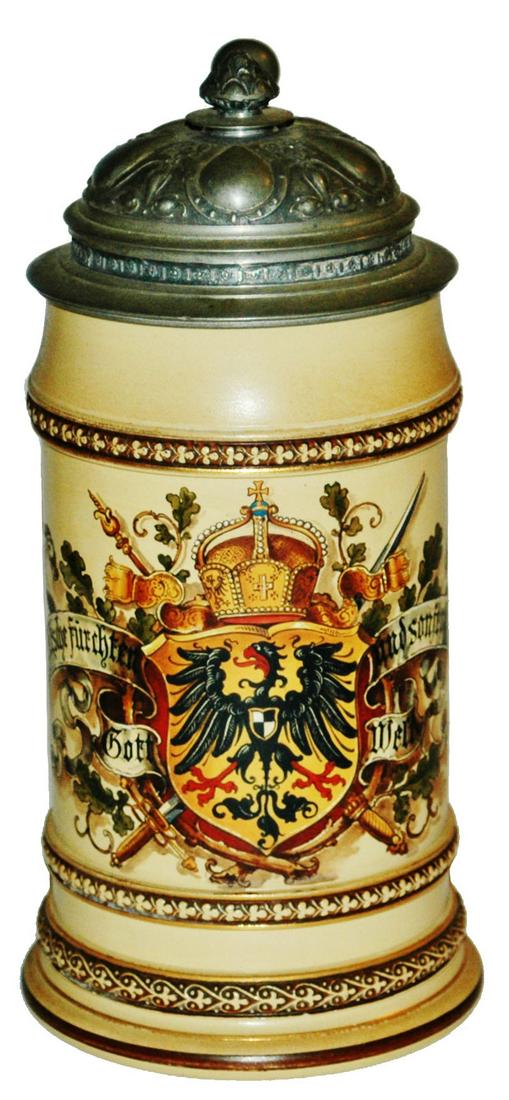 Mettlach Van Hauten Eagle Shield & Floral Stein: Mettlach #280 POG 1/2L. Eagle shield and floral. Van Hauten. Mint.