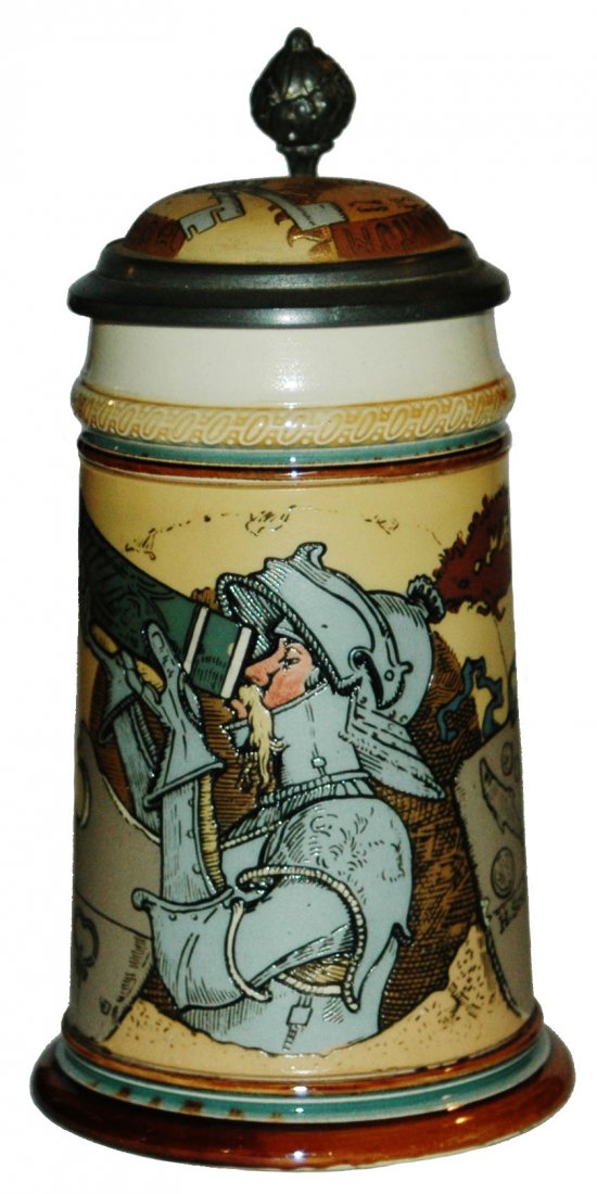 Mettlach 3/10L Schlitt Drinking Knight Stein: Mettlach #2123 Etched 3/10L. Drinking knight. Schlitt. Inlay lid. Mint.