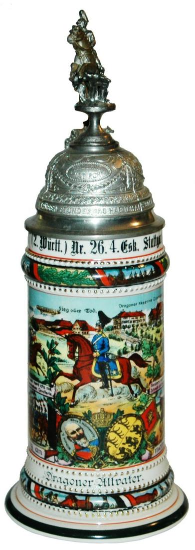 Regimental Drag Nr 26 Stein w crew Off Prism Lid: Regimental Stein 1/2L Porcelain. “Drag. Regt. Konig 2 Wurtt. Nr. 26 4 Esk. Stuttgart 2911-14, Dragoner Altvater.” Four side scenes. Rear roster. Large screw off lid with prism. Mint.