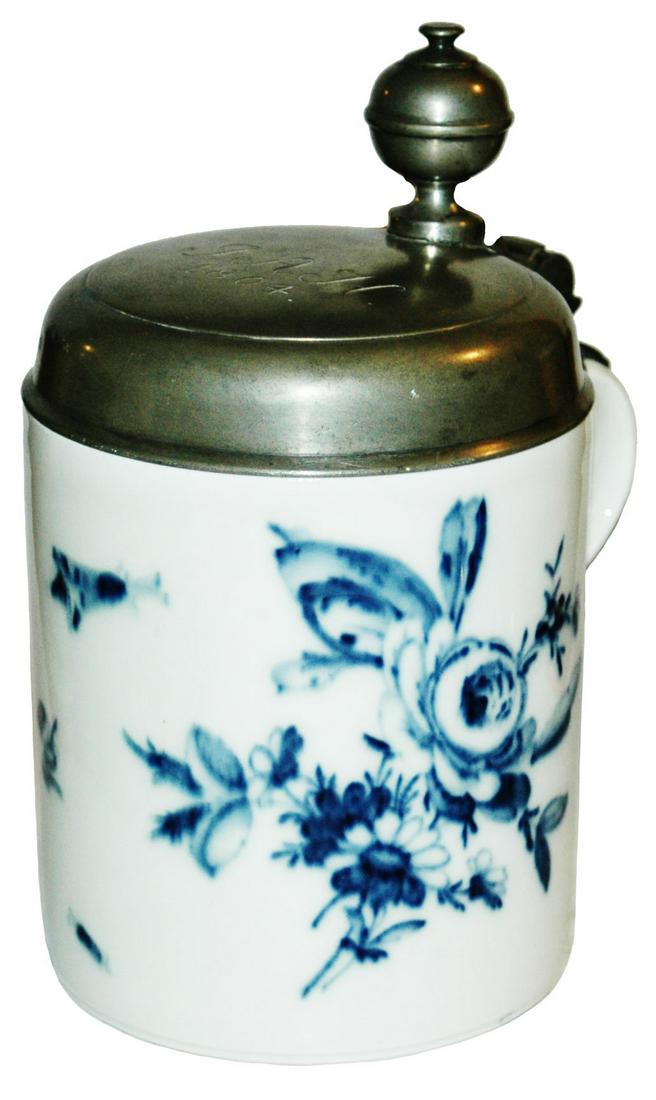 Meissen Floral Stein Dated 1804 w Sword Mark: Meissen PUG Porcelain 3/4L. Blue floral design. Lid dated 1804. Crossed sword mark on base. Mint.