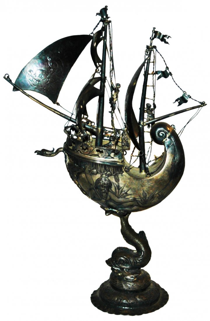 Ornate Silver Nautilus Ship Pokal Neptune Mermaid