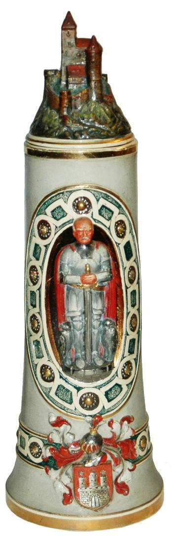 Bismarck In Knights Armor Advertising Stein 1908: Pottery #1607 Relief 1 1/2L. Bismarck in knights armor. “Compliments of H.N. Oettinger & Co. Hamburg, Germany 1908.” Figural castle lid.