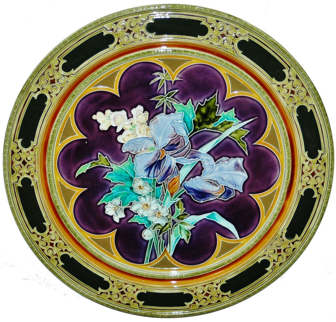 Uncommon Mettlach 20-1/2" Threaded Relief Plaque: Mettlach #1170 Glazed Thread Relief 20 1/2” Plaque. Iris floral. Uncommon. Mint.