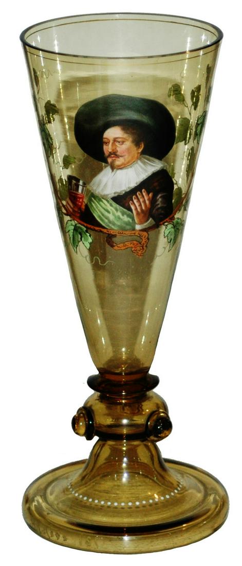 Pilsner Goblet w Enamel Cavalier Fritz Heckert: Blown Green Glass 8 1/4” Pilsner Goblet. Signed Fritz Heckert. Enameled cavalier. Mint.