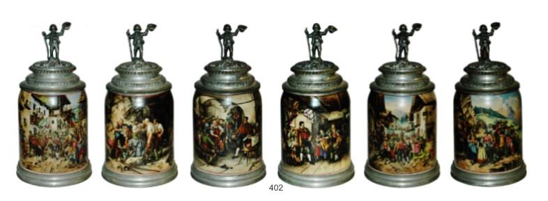 Set of 6 Steins w Different Tyrolean Signed Scenes: Set of Six Matching Stoneware POG 1/2L Steins. Each having a different DeFragger scene depicting the Tyrolean Rebellion. All marked Theodor Schmid. Matching pewter lids. See June Prosit page 26 for in