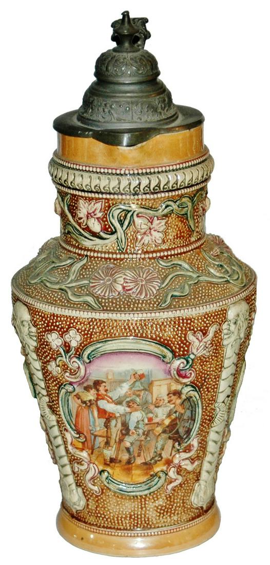1-1/2L Diesinger Stein w 3 Tavern Scenes: Pottery Diesinger #635 POG & Relief 1 1/2L. Three panels of tavern scenes.
