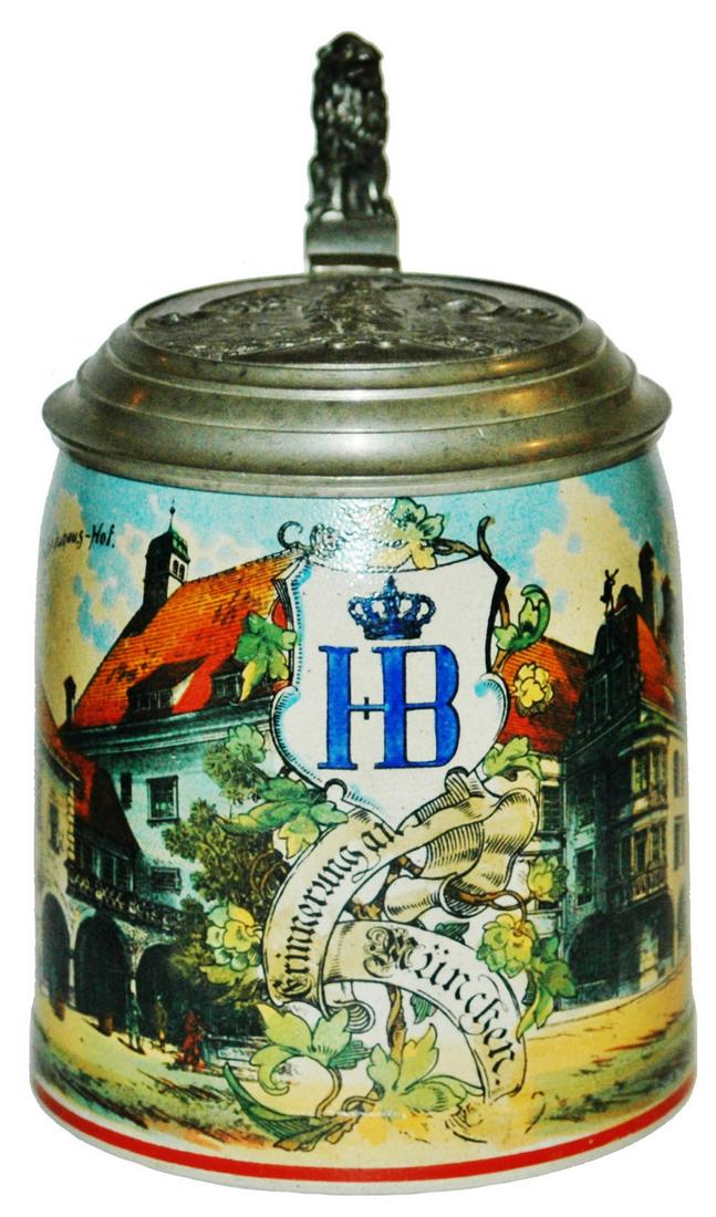 Stoneware Hofbrauhaus Scenes w Pewter Relief Lid: Stoneware POG 1/2L. Hofbrauhaus scenes. Relief pewter lid of Bavaria. Mint.