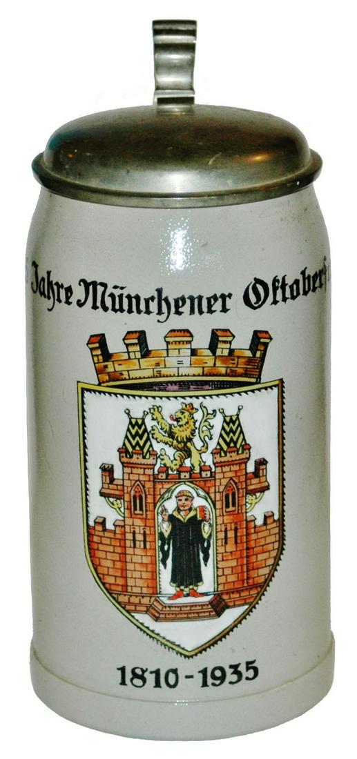 1L Oktoberfest 125 years Munich Stein w Shield: Stoneware POG 1L. 125 years of Munich Octoberfest 1810-1935. Shield with Munich Child. Mint.