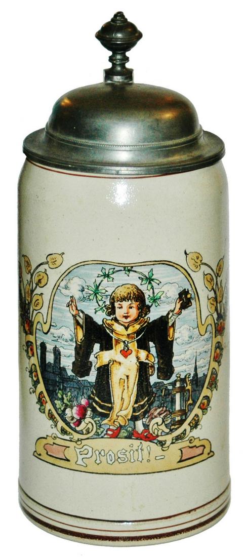 1L Munich child & Munich City Background Stein: Stoneware POG 1L. Munich Child with the city in the background. Mint.