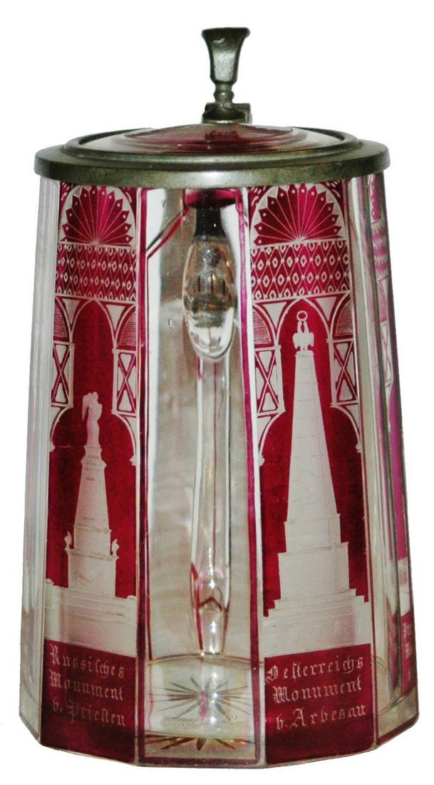 Wheel Cut 1850 Bohemian Stein w Matched Inlay Lid: Blown Glass 1/2L. Amethyst stained and 4 wheel-cut monument scenes on faceted body. Matching inlay lid. Bohemian circa 1850. Mint.