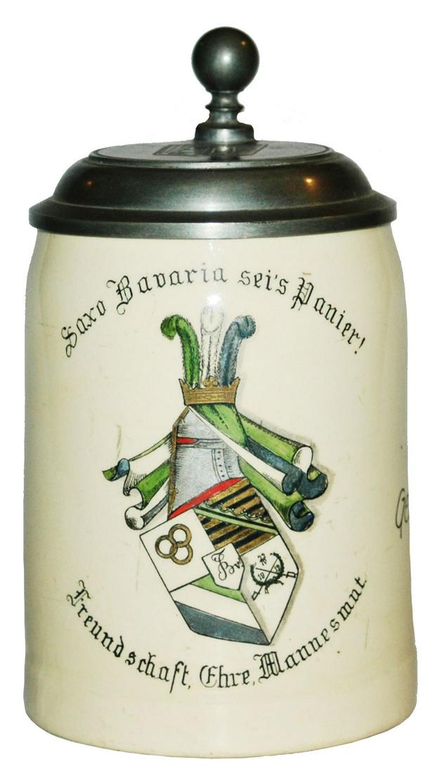 Mettlach Dueling Fraternal Student Shield Stein: Mettlach #1909 POG 1/2L. Dueling fraternal student shield. Mint.