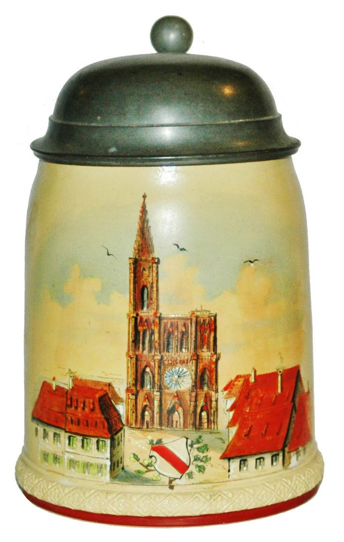 Mettlach City View of a Cathedral Stein: Mettlach #285 POG 1/2L. City view of cathedral. Mint.