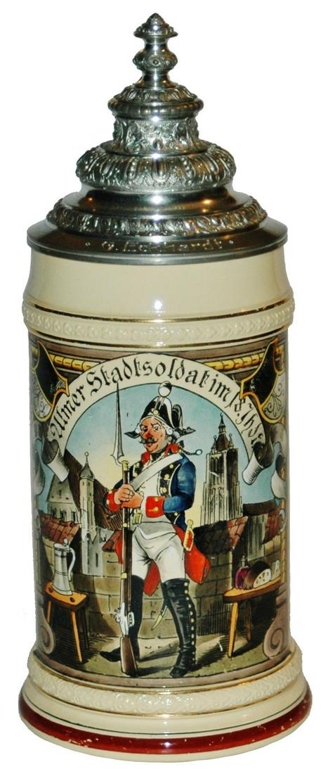Rare Mettlach Ulm Soldier & Verse Stein #2140: Mettlach #2140 POG 1/2L. Soldier and verse. Translates, 1800 Ulm soldier. Rare.