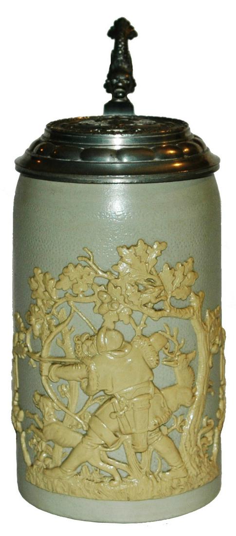 1L Mettlach Hunter w Bow & Arrow Relief Stein: Mettlach #1903 Relief 1L. Hunter with bow and arrow. Fancy relief pewter lid. Mint.