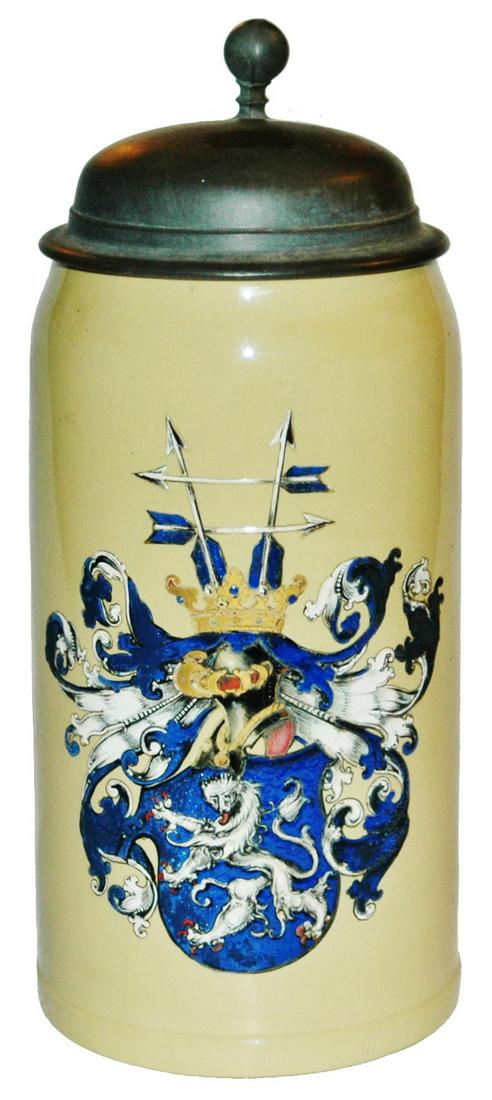 1L Mettlach Heraldic Shield w Rampant Lion Stein: Mettlach #1526 POG 1L. Heraldic shield with rampant lion. Mint.