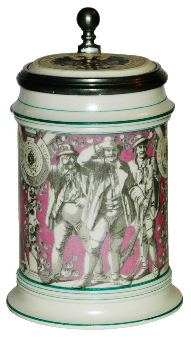 Mettlach Target Shooting Schuetzenfest Stein 1862: Mettlach Parion POG 1/2L. Men at target shooting contest. Schuetzenfest July 1862 on matching inlay lid.