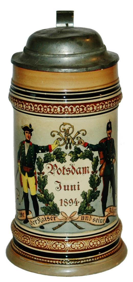 Yager Regimental 1894 Stein: Pottery POG 1/2L. Yager Regiment 1744-1894. Potsdam Juni 1894.