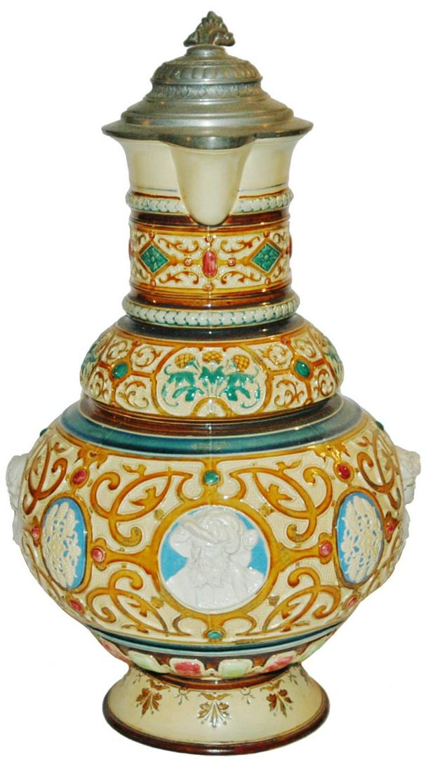 Uncommon Mettlach 4L Landsknecht & Floral Stein: Mettlach #1147 Relief 4L. Landsknecht heads and floral. Uncommon.