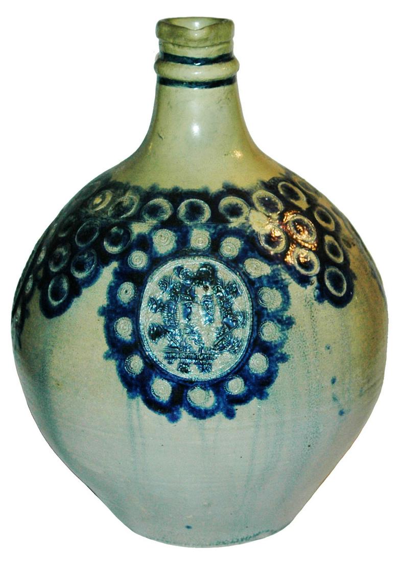 Westerwald c.1650 Medallions & Impressed Stein: Stoneware Stein 16” Westerwald Factory. Three applied belly medallions and impressed design. Circa 1650. Top rim repair.