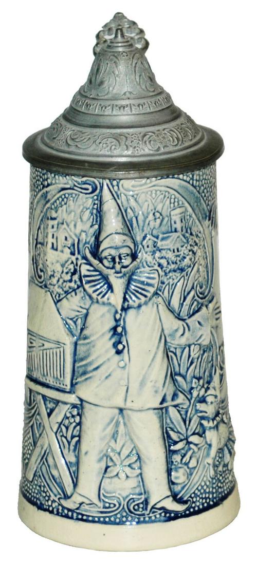 Diesinger Jester w Organ & Dancin Dog Relief Stein: Pottery Diesinger #775 Relief 1/2L. Jester and verse with organ box and dancing dog. . Mint.