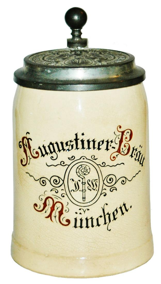 Augustiner Brau Munchen Brewery Stein Matched Lid: Pottery Impressed 4/10L. “Augustiner Brau Munchen. Matching logo lid. Mint.