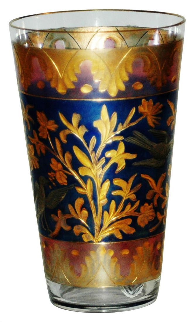 Fritz Heckert Transparent Enamel Glass Beaker: Blown Glass 3 3/4” Juice Beaker. Fritz Heckert. Transparent enamel with gilding. Mint.