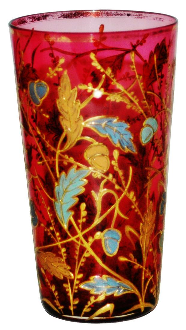 Moser Leaf & Acorn Enameled Glass Beaker: Blown Cranberry Glass 3 3/4” Juice Beaker. Moser. Enameled oak leaf and acorn floral. Mint.