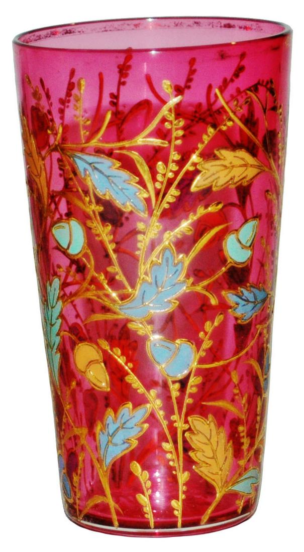 Moser Oak Leaf & Acorn Glass Juice Beaker: Blown Cranberry Glass 3 3/4” Juice Beaker. Moser. Enameled oak leaf and acorn floral. Mint.