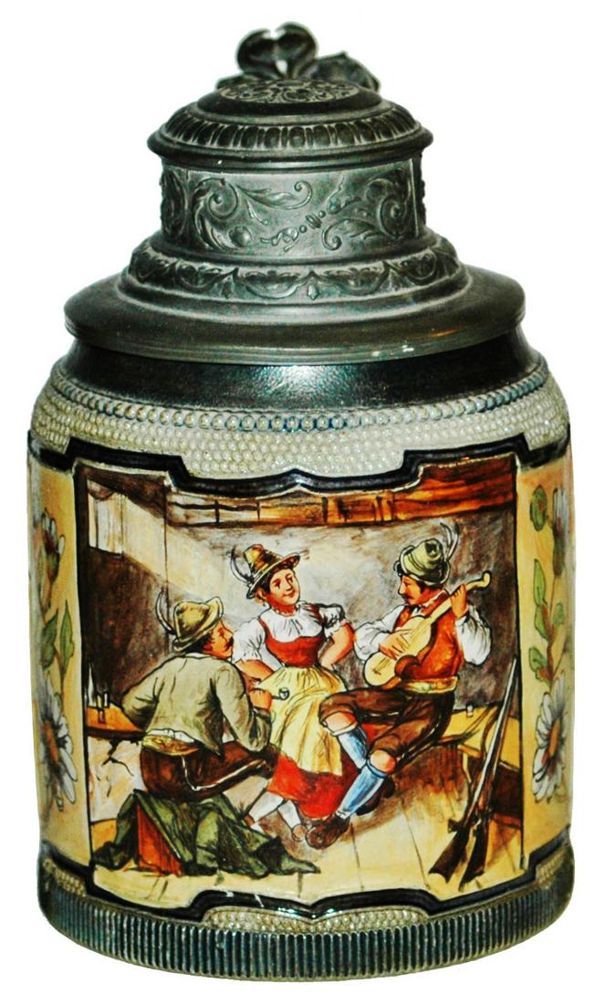HR Tavern w Guitar Musician Stoneware Stein: Stoneware HR #180 POG 1/2L. Tavern scene with guitar player.